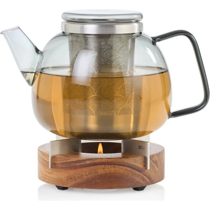 AdHoc Teekanne YUNA im Set mit Stövchen TUTO, 1,2 l, (Spar-Set, 2-St), edle Glaskanne in Rauchgrau mit Feinfilter und Stövchen
