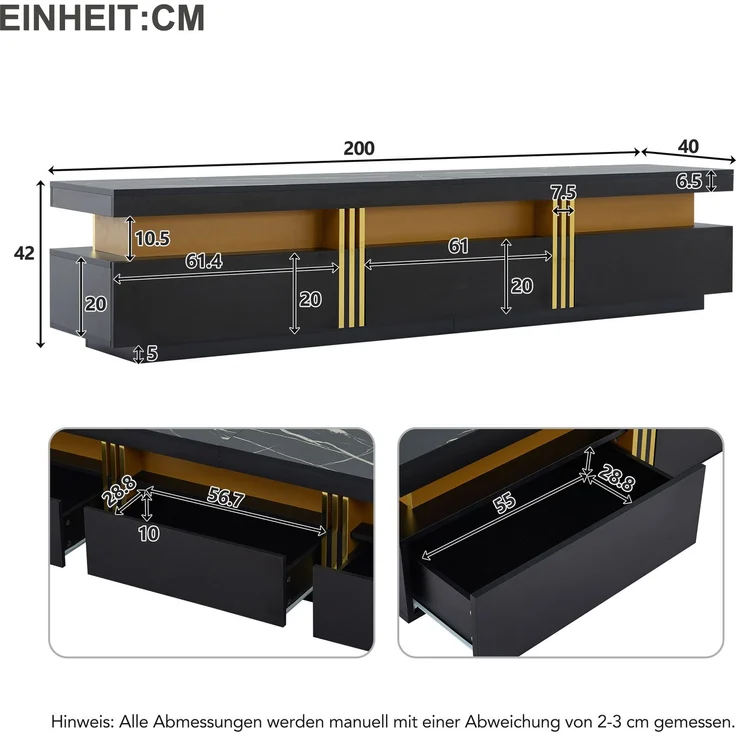 Wohnzimmermöbel Set 200x40x42 cm, mit Schubladen, mit Hochglanzoberfläche, Konstruktion aus Spanplatte, Schwarz – Bild 24