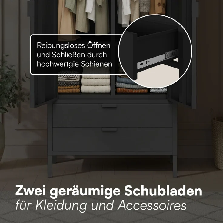 skølm 'Ituri' Kleiderschrank mit 2 Schubladen, Metall, 170x45x80 cm, schwarz, Garderobe mit 4 Fächern und 2 Kleiderstangen – Bild 5