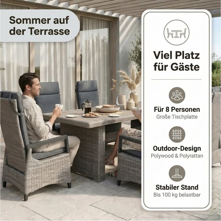 byLIVING Gartentisch BRISBANE (192 x 92, H 75 cm), Alu-Gestell, PE Rattan dunkelgrau Polywood naturfarbig – Bild 3