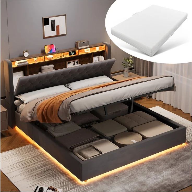 MODFU Polsterbett mit Stauraum, 180x200 cm, Hollandvelours in Grau, integrierte LED-Beleuchtung und USB-Anschlüsse, stabiler Metallrahmen, inkl. Lattenrost und Kopfteil-Ablage