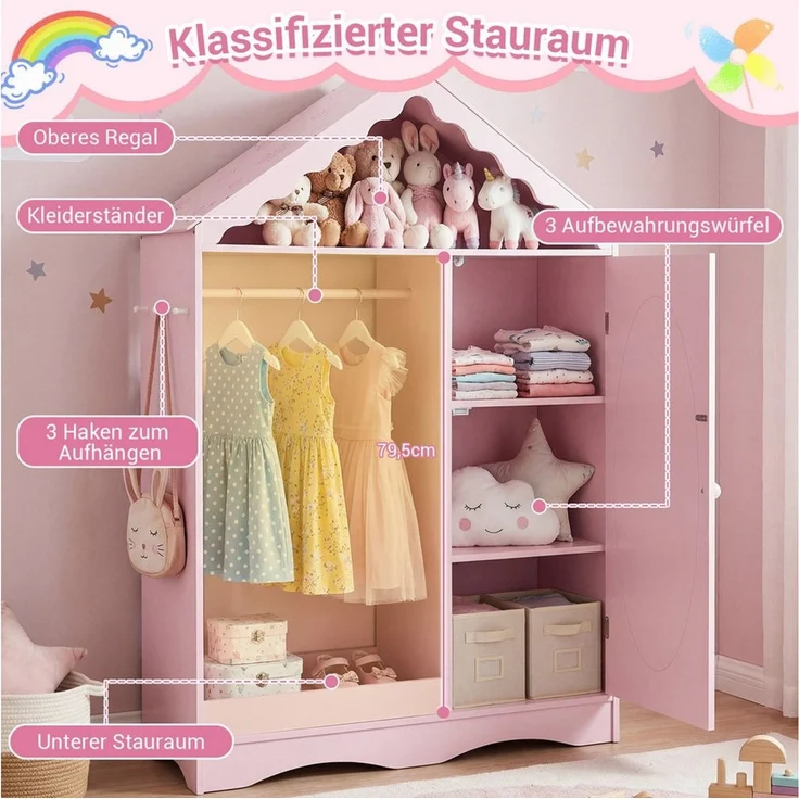 COSTWAY Kleiderständer, Dachförmiger, mit offener Kleiderstange, Regalen & Haken – Bild 2