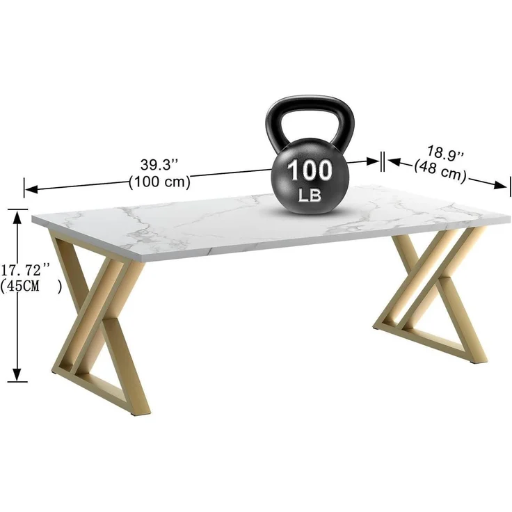 Couchtisch Holz Marmor Weiß Gold Metallgestell 100x48x55 cm – Bild 3