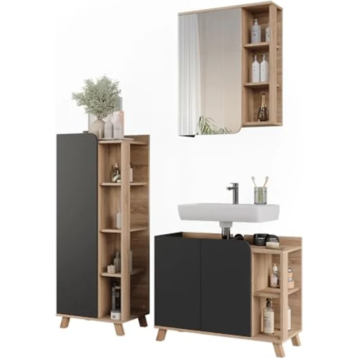 Vichy Badmöbelset Karen, 3-teilig, mit Waschbeckenunterschrank und Spiegelschrank, Sonoma/Anthrazit, robuste Verarbeitung – Bild 6