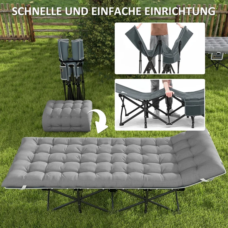 Feldbett faltbar Campingbett mit Matratze Kopfkissen Seitentasche 185 x 68 x 37 cm bis 150 kg Hellgrau--Hellgrau--37x68x185cm--YOUDENOVA – Bild 9