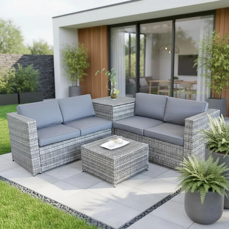 XXL PolyRattan Sitzgruppe + Auflagenbox Garten Sofa Sitzgarnitur Gartenset Grau – Bild 8