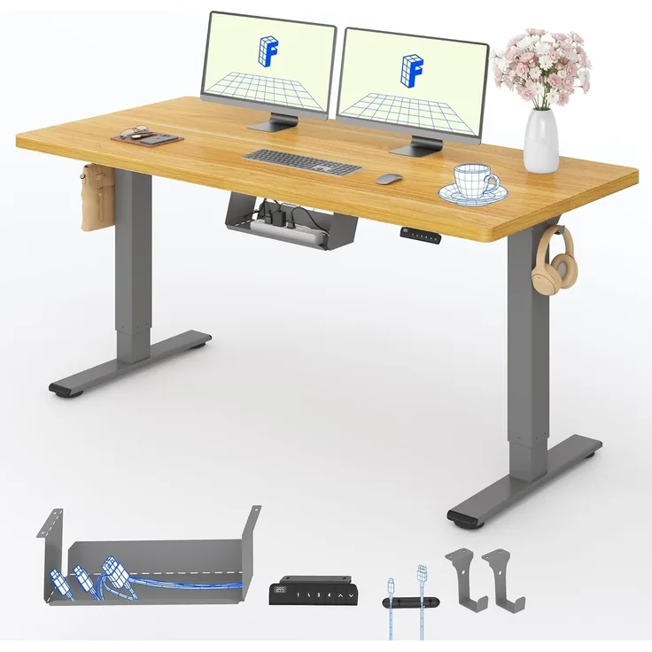 FLEXISPOT Basic Plus Elektrisch Höhenverstellbarer Schreibtisch (160x80 cm) mit Tischplatte 2-Fach-Teleskop, Sitz- & Stehpult mit Memory-Steuerung (ahorn+grau Gestell)