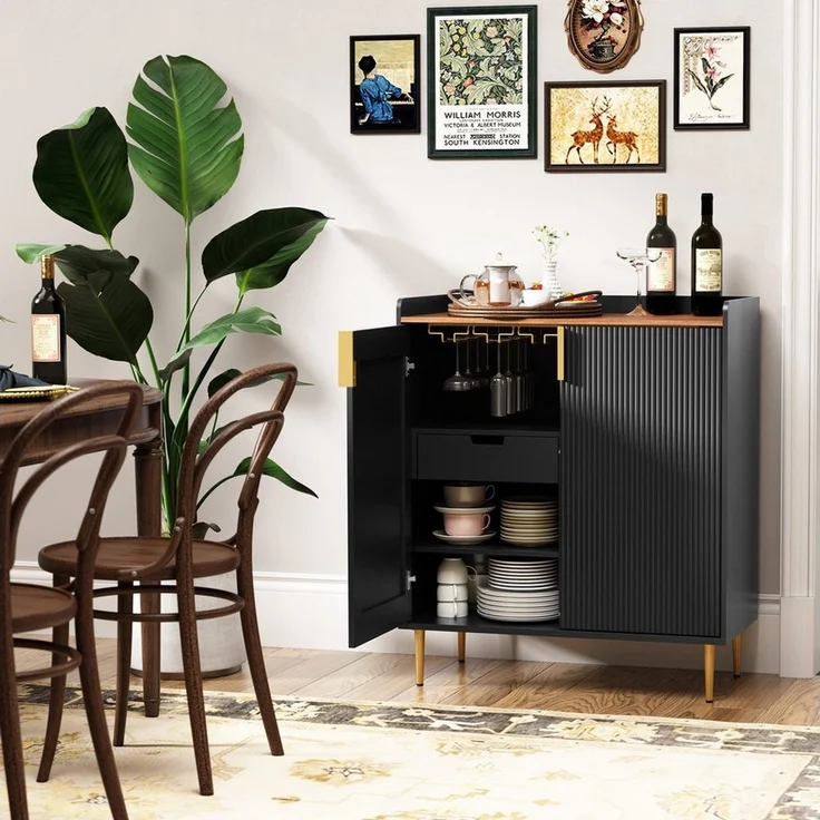 HOLTICO Weinschrank Multifunktionaler Bar-Schrank, moderner Kaffeetresen-Schrank (1-St) mit 9 Flaschenregalen, 6 Glas-Halterungen, Schublade & Regalen – Bild 1