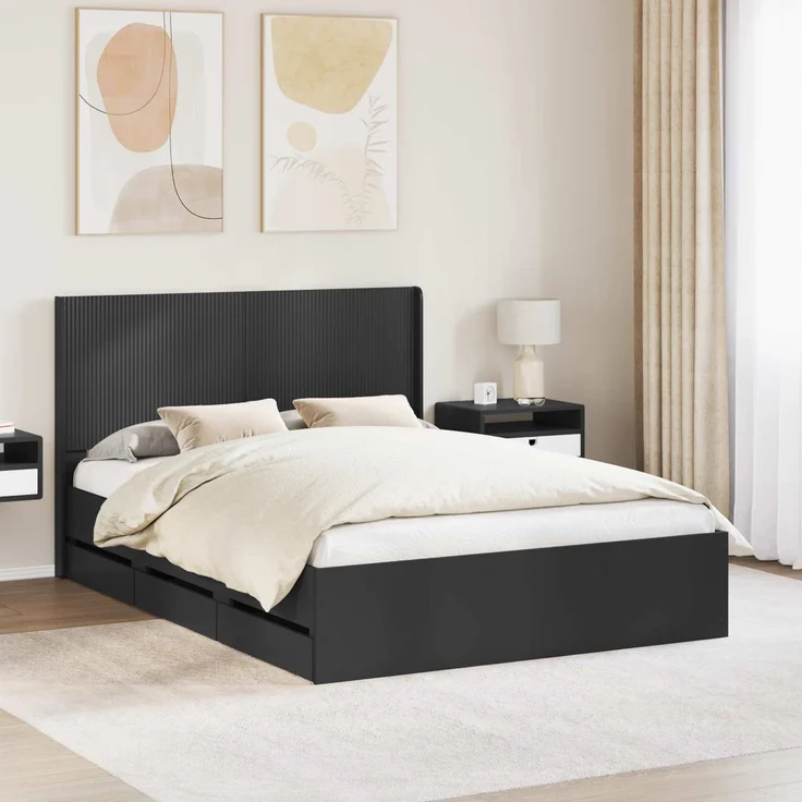 vidaXL Bettgestell mit Stauraum und Kopfteil Schwarz 140 x 190 cm 3413948 – Bild 1