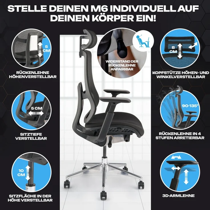 VALKENSTOL M6 POLSTER-SITZ Bürostuhl ergonomisch mit Schaumstoff Sitz - 5 Jahre Garantie - adaptive Lordosenstütze - verstellbare Sitztiefe – Bild 6