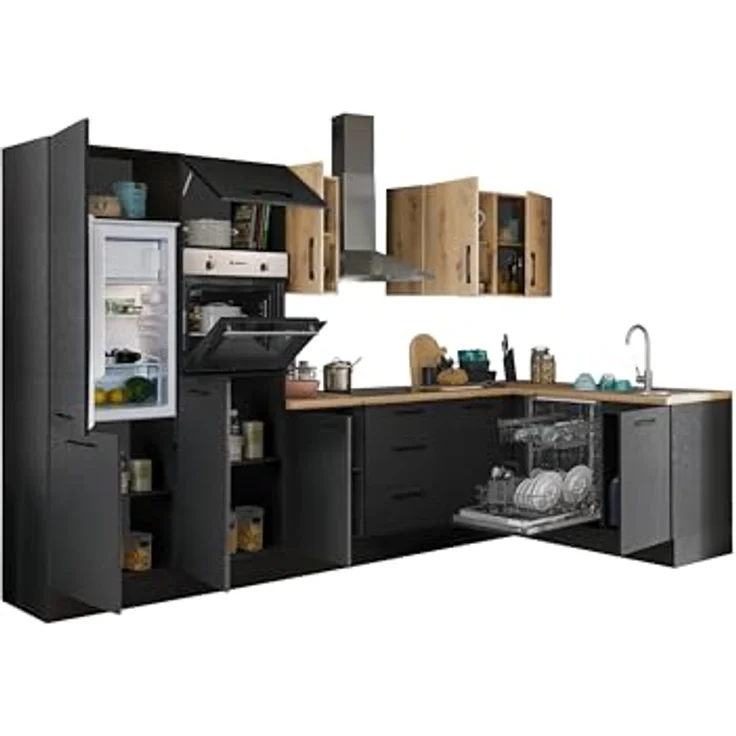 Turin LB Eckküche 340 x 211 x 60 cm, schwarz - Ohne Küchengeräte - Moderne, geräumige Küche in Artisan-Eiche Optik mit viel Stauraum – Bild 5