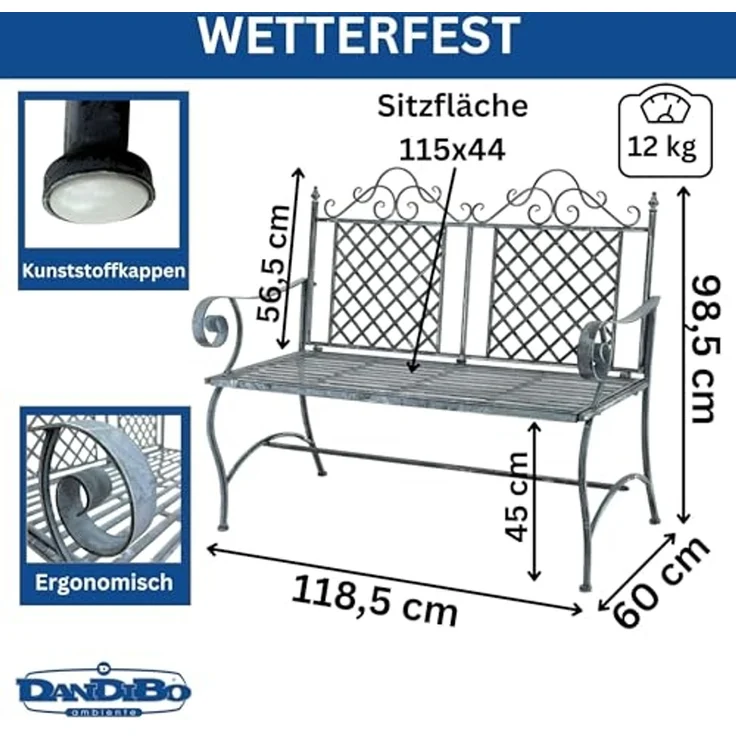 DanDiBo Gartenbank Wetterfest 2 Sitzer Metall Grau 120 cm 96592 Sitzbank Eisen Bank Garten Antik Parkbank – Bild 2