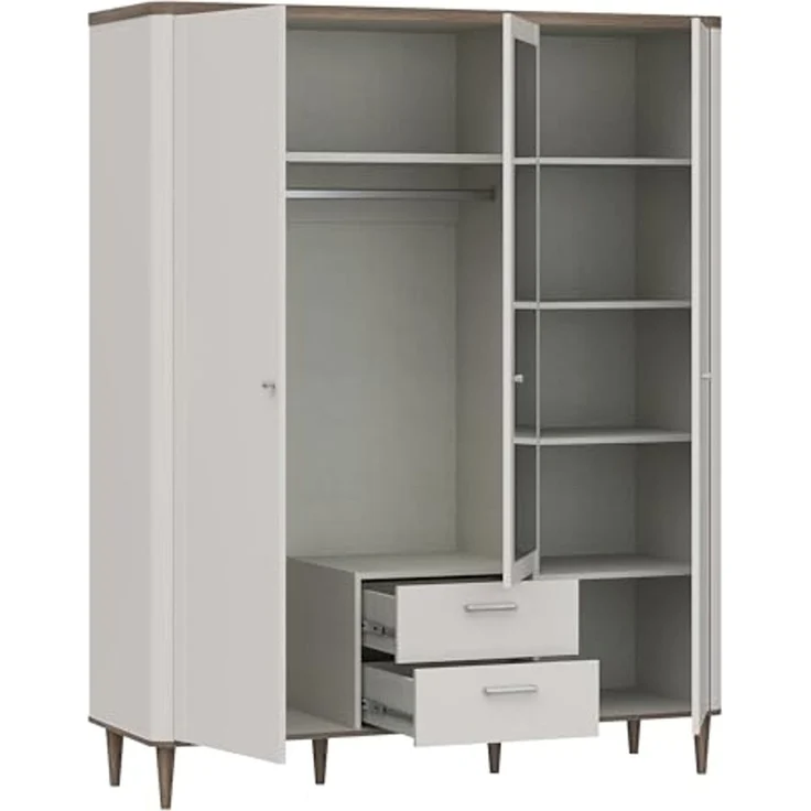 Forte LACETTI Kleiderschrank 160, eleganter Schrank mit Spiegel, 3-türig, 2 Schubladen, hohe Beine, Holzwerkstoff, Kaschmir-Beige-Valencia Eiche Holzdekor,159,8 cm breit x 200,5 cm hoch x 52,7 cm tief – Bild 5