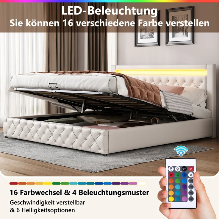 Polsterbett in Weiß 207*182*99cm , mit LED Beleuchtung und Bettkasten, modernes Bettgestell – Bild 6