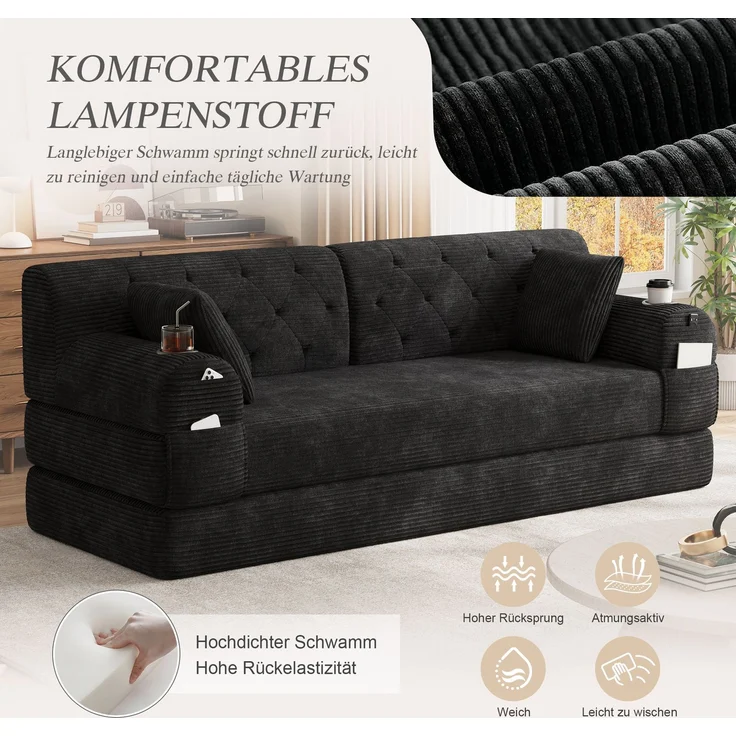 ZUBALIYA Schlafsofa 80x81 cm, mit Stauraum, mit Samtbezug, mit Cordbezug, mit Knopfheftung, mit breiten Armlehnen, Schwarz – Bild 7
