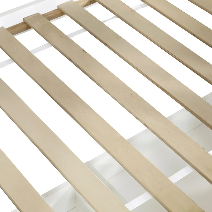 ZUBALIYA Etagenbett, Kinderbett, Hausform, Seitlicher Stauraumschrank mit Leiter, 2 Schubladen, Dekorative Holzfenster und Zierleisten, Kiefer+MDF, Weiß+Natur, 90x200 cm, Natur / Weiß – Bild 25