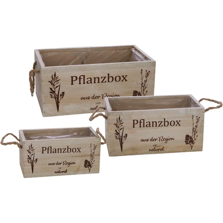Spetebo Blumenkasten Holz Pflanzbox 3er Set - 29 / 24 / 20 cm (3er Set, 3 St, Pflanzkästen in 3 Größen), Pflanzkasten mit Henkel aus Naturkordel – Bild 1