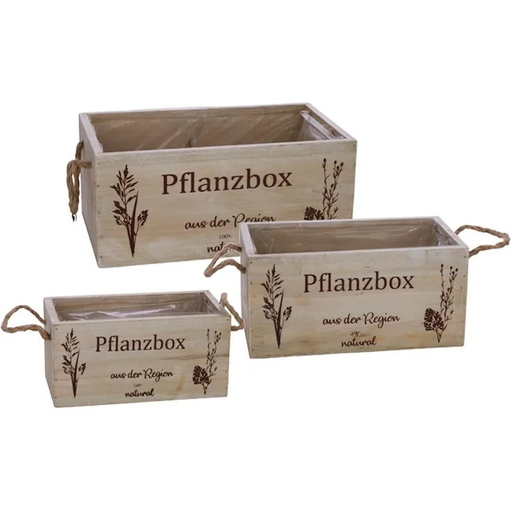 Spetebo Blumenkasten Holz Pflanzbox 3er Set - 29 / 24 / 20 cm (3er Set, 3 St, Pflanzkästen in 3 Größen), Pflanzkasten mit Henkel aus Naturkordel