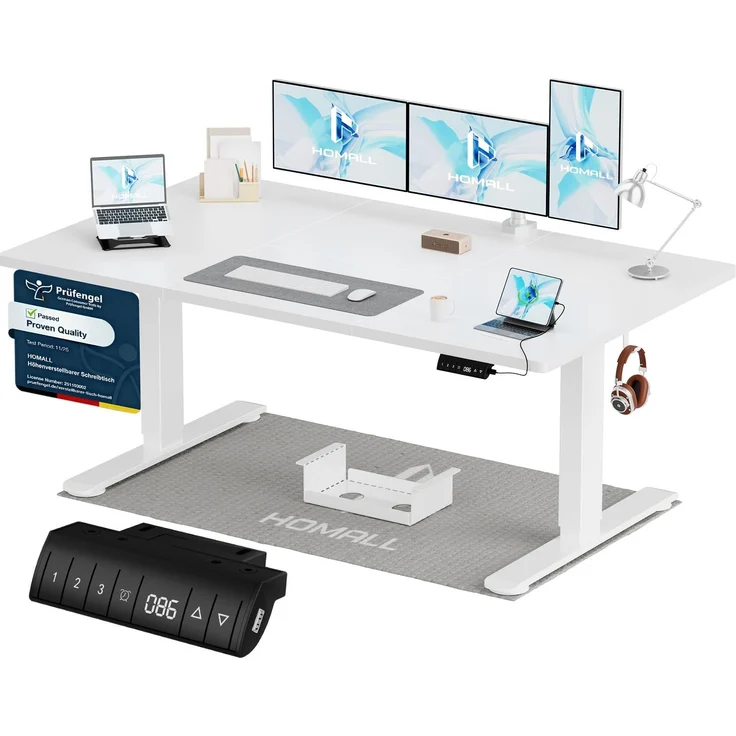Homall Höhenverstellbarer Schreibtisch 140x70 cm mit USB-A Ladeanschluss, Elektrischer Schreibtisch mit Kabel Management Tray, Standing Desk mit 3 Memory Funktion, Computertisch Weiß