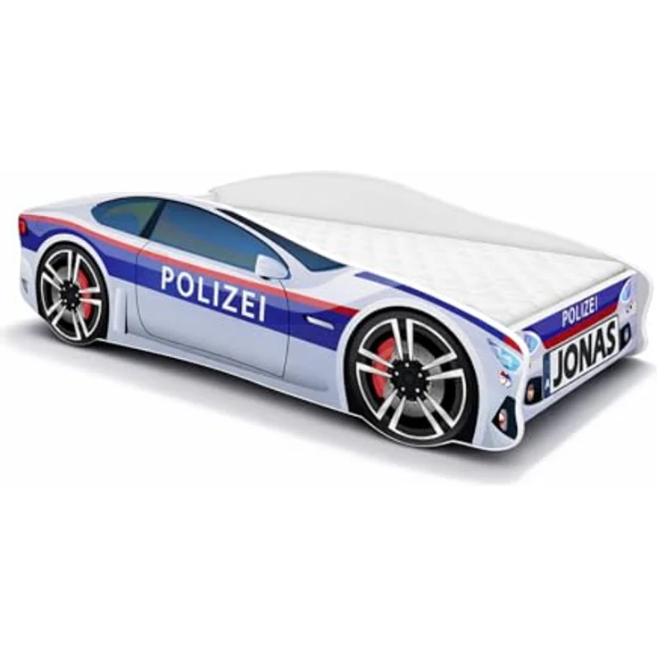 ACMA Kinderbett Auto-Bett Polizei mit Rausfallschutz, Lattenrost und Matratze (Polizei 3, 160x80 cm + Name) – Bild 2