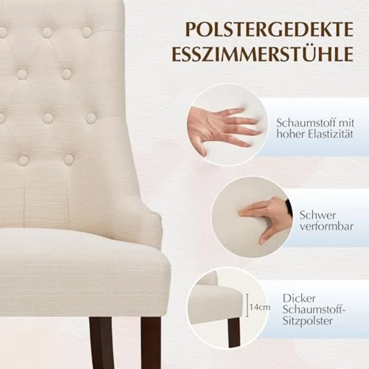 COLAMY Esszimmerstühle 4er Set, Moderne Küchenstuhl Gepolsterte Esszimmerstühle im Wingback, Polsterstuhl Wohnzimmerstuhl mit Knopfsteppung für Esszimmer, Küche, Restaurant mit Holzbeinen, Beige – Bild 4