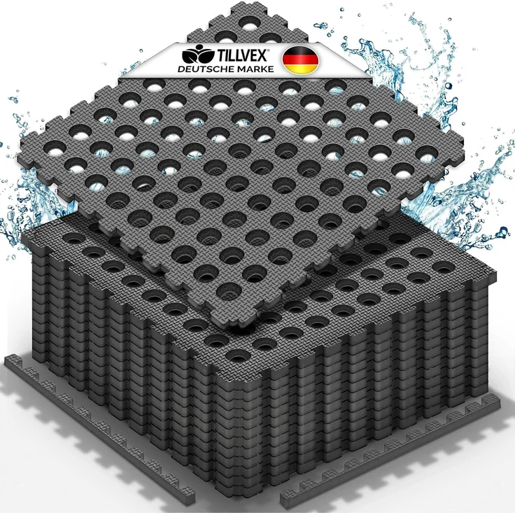 tillvex® Pool Bodenschutzmatte mit Löchern 48 Stück Schwarz | Unterlegmatte für Pool & Planschbecken 51x51 cm | Poolmatte Bodenmatte Outdoor | Poolunterlage Bodenschutz Matten wärmeisolierend | Whirlpool Bodenfolie weich – Bild 1