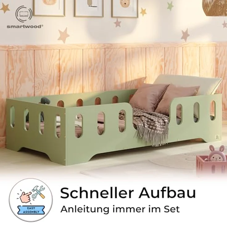 smartwood Kinderbett Bodenbett 100x200 mit Rausfallschutz & Lattenrost - Grün - Kinder Montessori Bett TILA 2 mit glatten Kanten - Betten für schnelle Montage - Bis 230 kg belastbar – Bild 5