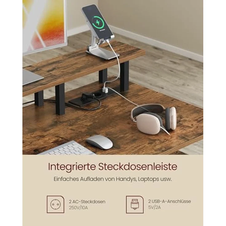 VASAGLE Gaming-Schreibtisch, mit Schubladen aus Stoff, Computertisch mit Bildschirmhalterung, Mehrfachsteckdose, 2 USB-Anschlüsse, für Heimbüro, 120 x 60 cm, rustikales Braun LWD093K01V1 – Bild 3