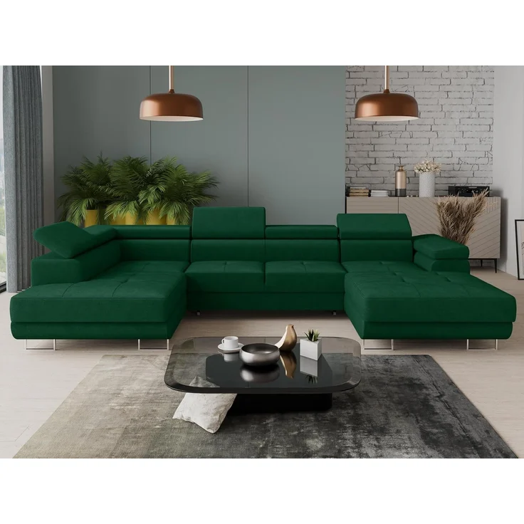Wohnlandschaft Caris U mit Schlaffunktion, einstellbare Kopfstützen und zwei Bettkästen (Grün (Kronos 19), Ecksofa Rechts) – Bild 2