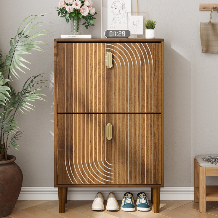 Schuhschrank, 60 cm breit, aus MDF und Spanplatte in Walnussfarbe, mit Rillendesign – Bild 2