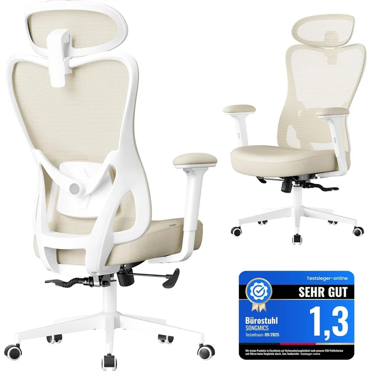 SONGMICS Bürostuhl ergonomisch, Schreibtischstuhl, Computerstuhl, verstellbare Lenden- und Kopfstütze, bis 150 kg belastbar, höhenverstellbar, sandbeige OBN066LF01