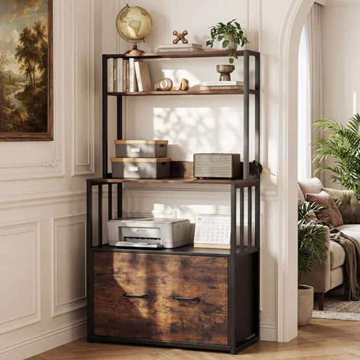 YITAHOME Aktenschrank mit Schublade, Aktenschrank mit Bücherregal für A4, Briefe, Rechtsakten, Metall-Aufbewahrungsschrank, Druckerständer für Büro, Schule, Zuhause, Organisation, rustikales Braun – Bild 2