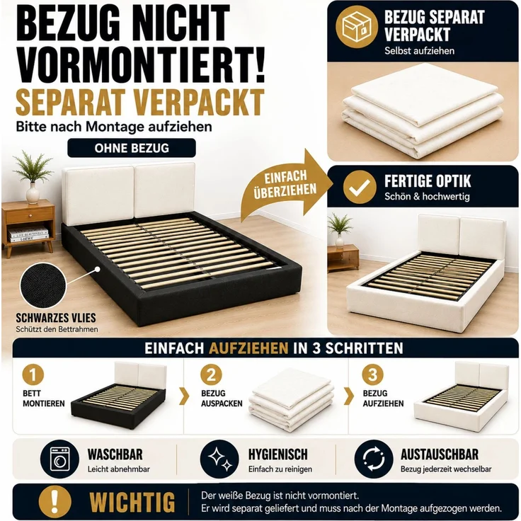 Polsterbett,Doppelbett,180x200 cm,hydraulisches Funktionsbett,Bett mit Lattenrost, Kopfteil, gepolstertes Kopfteil, Beige, samt – Bild 7