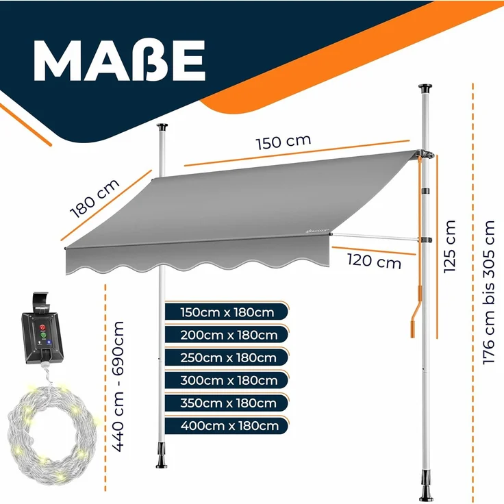 KESSER® Klemmmarkise mit Handkurbel & LED Lichterkette | Balkonmarkise ohne Bohren | Markise UV-beständig höhenverstellbar & wasserabweisend | Sonnenschutz für Balkon Terrasse & Garten Grau, 300cm – Bild 6