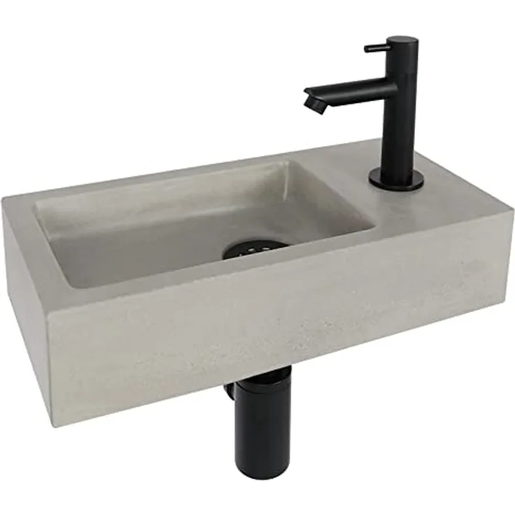 Differnz Jukon Handwaschbecken, kompaktes Betonwaschbecken hellgrau mit geradem schwarzen Kaltwasserhahn, Komplettset, 38,5 x 18,5 x 9 cm
