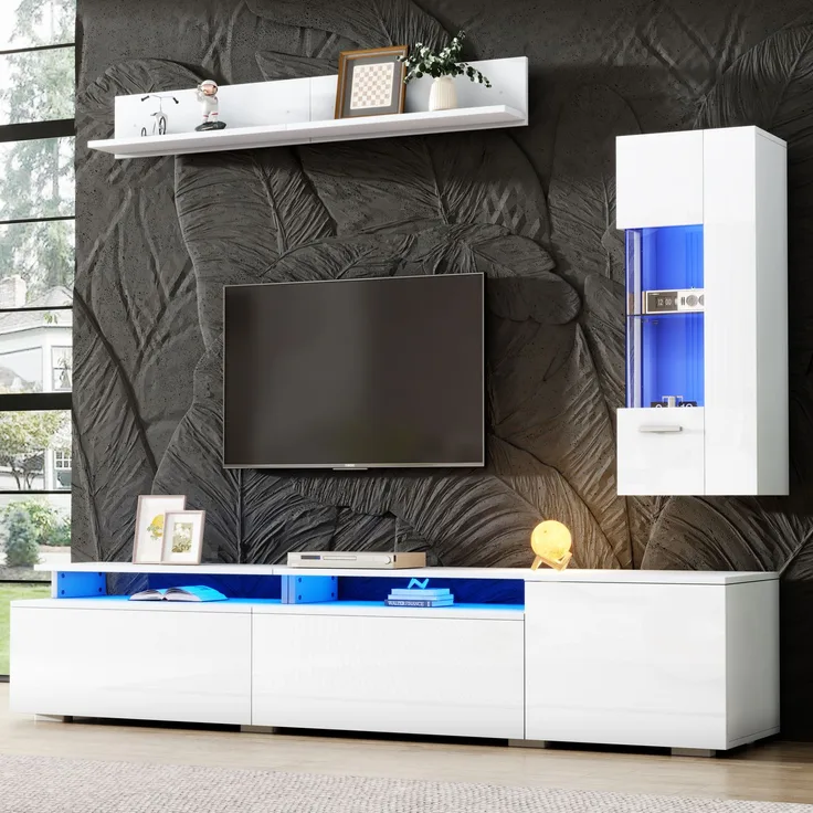 TV Wohnwand Set 3-teilig LED Beleuchtung Hochglanz Wohnzimmer Möbel Set Frontale Wohnwand 1 x TV Schrank, 1 x Wohnzimmer Vitrine, 1 x Hängeregal, TV bis 80' Weiß--Weiß--77.5x54.61x22cm--YOUDENOVA