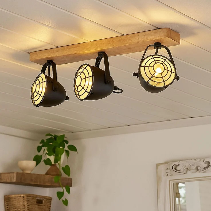 LED Deckenlampe, Metall Holz, schwarz, Spots verstellbar, L 59 cm – Bild 2
