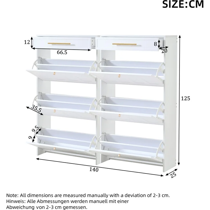 DESVIAE Schuhschrank mit 12 verstellbaren offenen Regalböden und 2 Schubladen 140x123,5x25 cm MDF Weiß – Bild 10