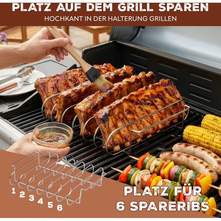 eluno Spareribs Halter, für bis zu 6 Spareribs für Smoker, Grill und Backofen, aus hochwertigem Edelstahl – Bild 4