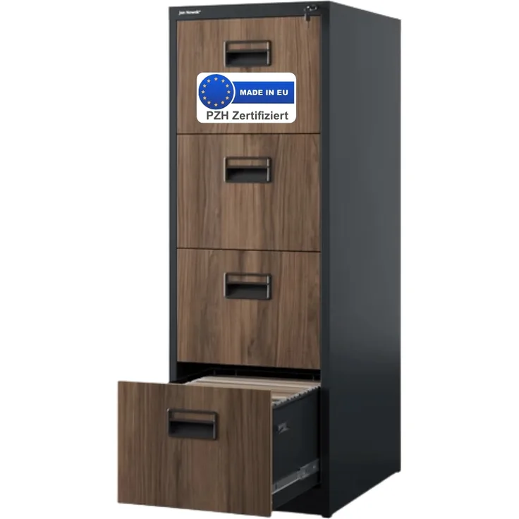 Hängeregisterschrank abschließbar TION - 4 Schubladen mit Schloss | Aktenschrank Büroschrank aus Stahl Metallschrank, 132x46x62cm Anthrazit-Nussbaum