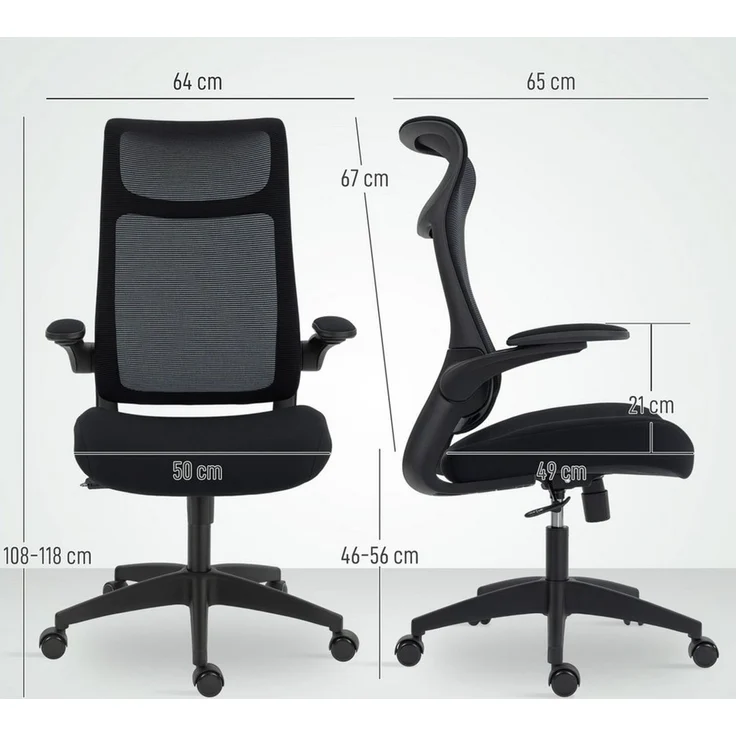 HOMCOM Bürostuhl, Ergonomischer Schreibtischstuhl mit 3D Einstellbarer Armlehne, Kopfstütze, Höhenverstellbarer Computerstuhl Drehstuhl mit Wippfunktion, Netzbespannung, Schwarz – Bild 2