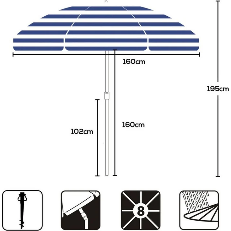 Sekey Sonnenschirm Ø 160 cm Rund Strandschirm Balkonschirm mit Tragetasch und Bodenhülse, LxB: 160x160 cm, 3-in-1 Sonnenschirm, Neigungswinkel und Höhe verstellbar,für Garten – Bild 3