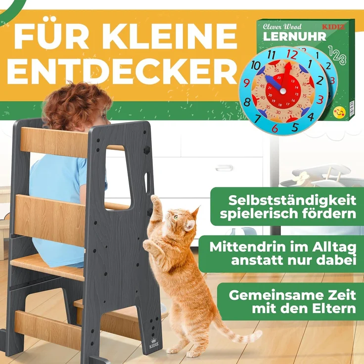 KIDIZ® Lernturm für Kinder ab 1 Jahr inkl. Lernuhr | 3-stufig Höhenverstellbarer Tritthocker aus Kiefernholz | spielerisch motorische Fähigkeiten fördern Montessori Learning Tower bis 50 kg belastbar Anthrazit / Hellbraun – Bild 3