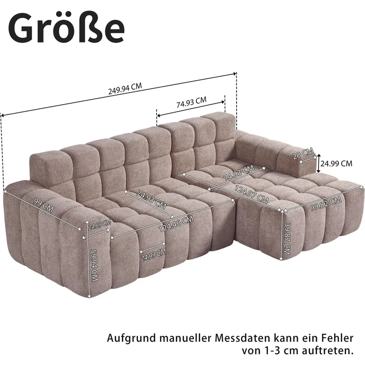 L-förmiges modulares Sofa aus Regen-Velours 250x125x60 cm in Khaki mit Kaltschaum – Bild 10