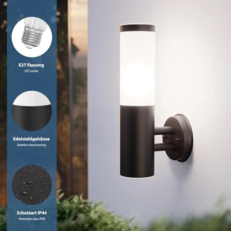 ledscom.de Wandleuchte PORU, Außenleuchte IP44, Edelstahl, schwarz matt, rund, 1x E27 max. 40W – Bild 3
