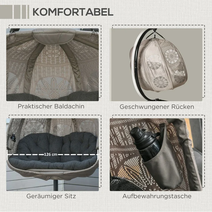 Hängesessel für 2 Personen 132 x 126 x 172 cm mit Stahlgestell, faltbarem Korb und Kissen – Sand – Bild 6