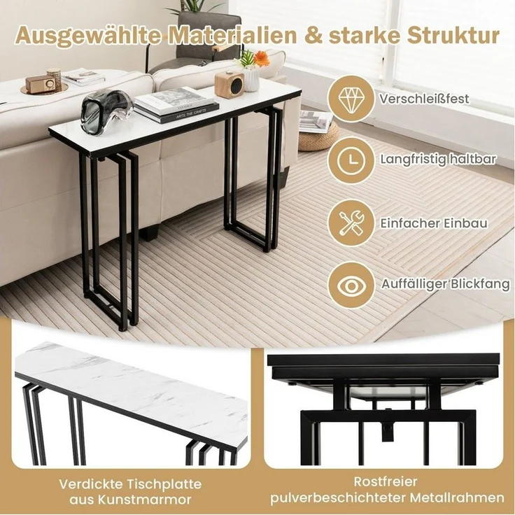 COSTWAY Konsolentisch, Mamor, schmal, Metallrahmen, 110x30x81cm, Schwarz – Bild 2