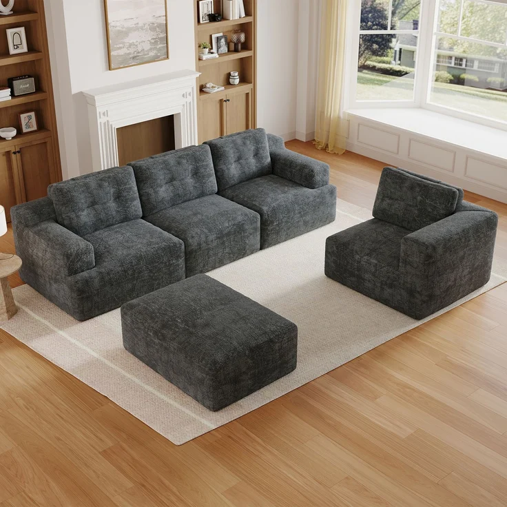 Ecksofa 252 x 180 x 82 cm in Grau, modulares 5-Sitzer-Sofa aus Chenille mit Hocker und rahmenlosem Vollschaumkomfort – Bild 4