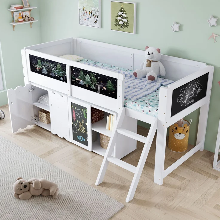 Merax Hochbett, 90x200cm Kinderbett, mit doppeltürigen Stauschränken und einer Tafel zum Malen, Zweistufige Schrägleiter, Sicherheitsgeländer, Weiß – Bild 3