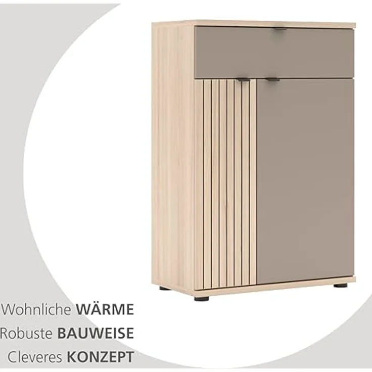 PISA Schuhschrank mit 1 Schubkasten, 2 Holztüren in Basalt matt mit Leistenoptik Riva Eiche – FSC-Zertifiziert – Modernes Schuhregal mit 3 Fachböden – 70 x 103 x 38 cm (B/H/T) – Bild 4